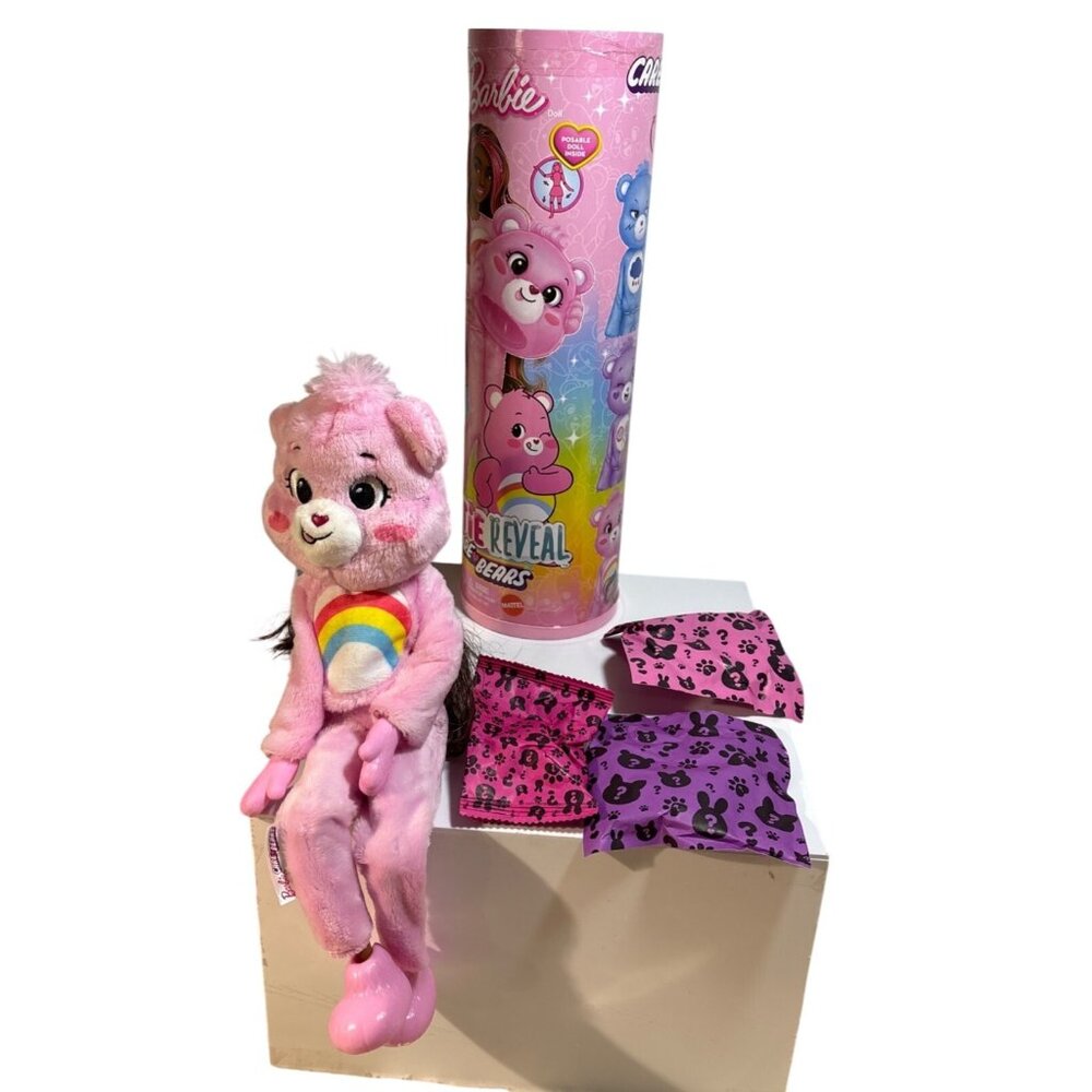 Barbie Cutie Reveal Care Bears Rainbow Pink Plush Collectible Doll Cheer Bear